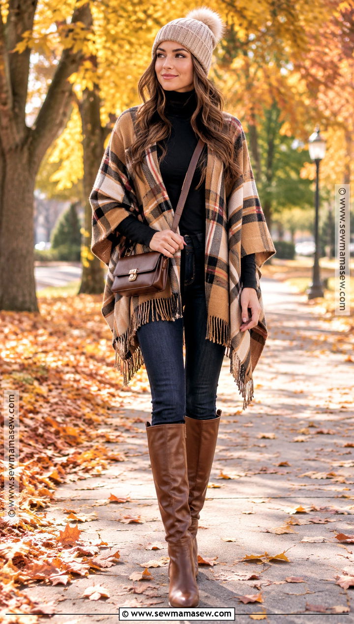 Fall Cold Outfit With Poncho And Skinny Jeans - 20 fall cold outfits