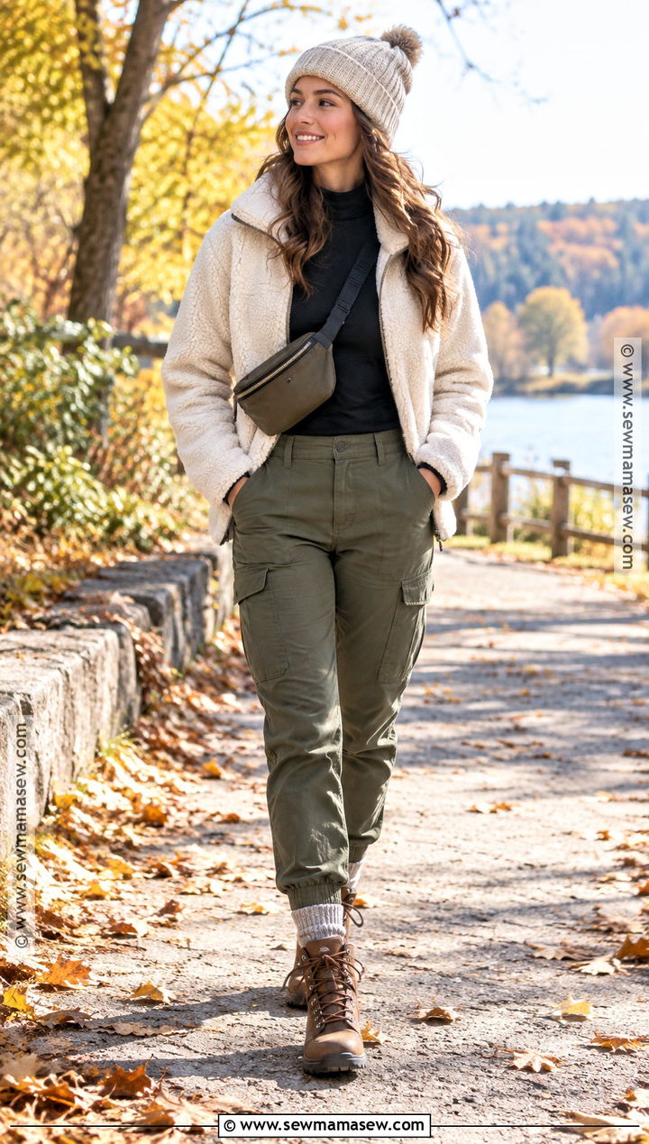 Fall Cold Outfit With Sherpa Jacket And Cargo Pants - 20 fall cold outfits