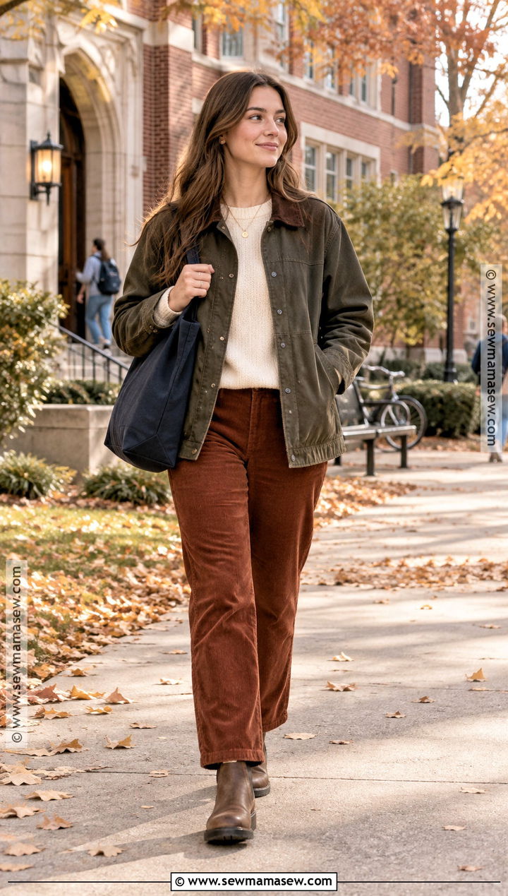 Fall College Outfit With Barn Jacket And Corduroy Pants - 15 college outfit ideas fall