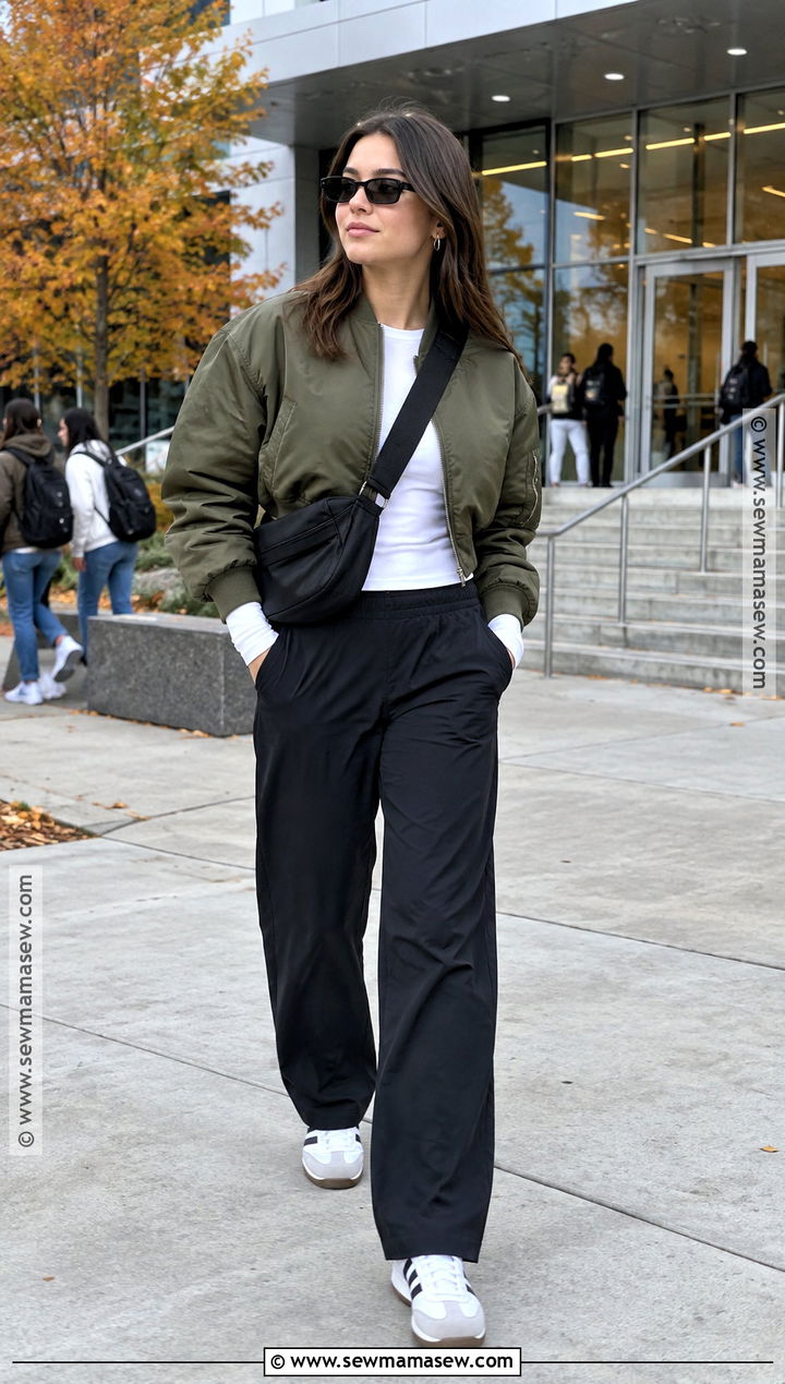 Fall College Outfit With Bomber Jacket And Track Pants - 15 Fall College Outfits Aesthetic