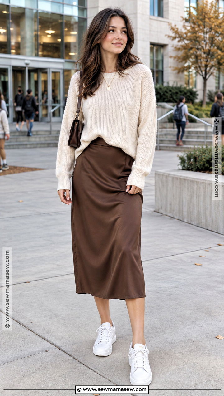 Fall College Outfit With Chunky Sweater And Satin Midi Skirt - 15 Fall College Outfits Aesthetic