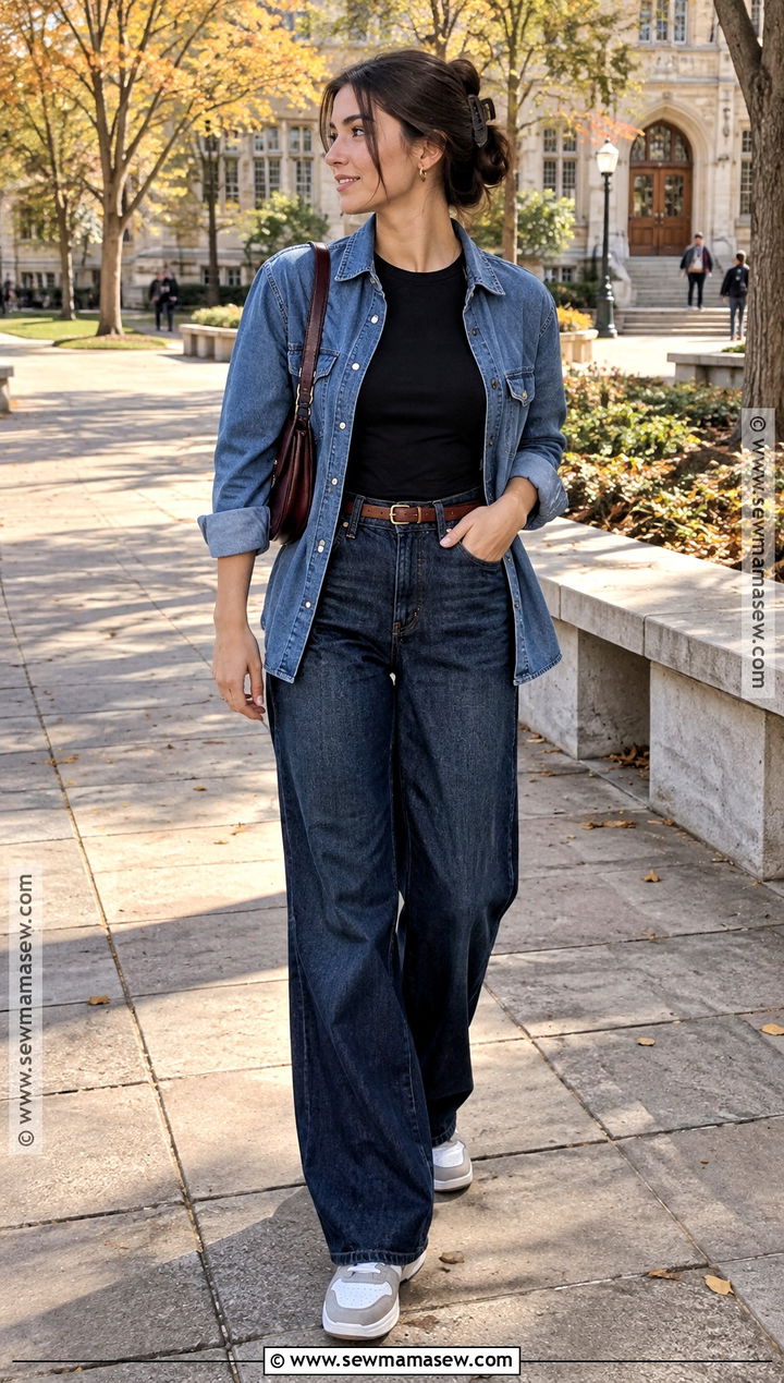Fall College Outfit With Denim Overshirt And Wide Leg Jeans - 15 Fall College Outfits Aesthetic