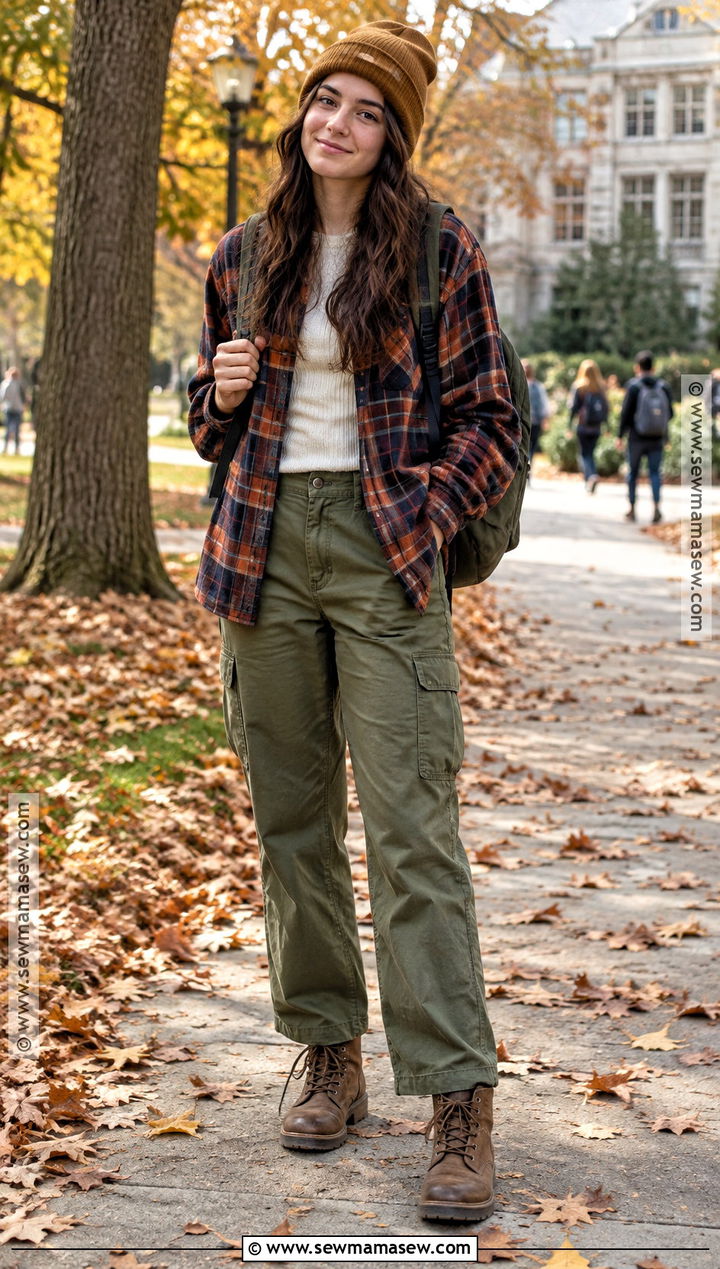 Fall College Outfit With Flannel Shirt And Cargo Pants - 15 Fall College Outfits Aesthetic