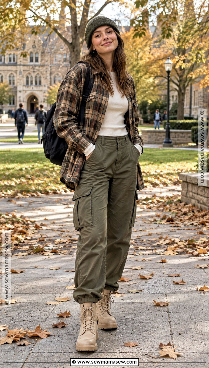 Fall College Outfit With Flannel Shirt And Cargo Pants - 15 college outfit ideas fall