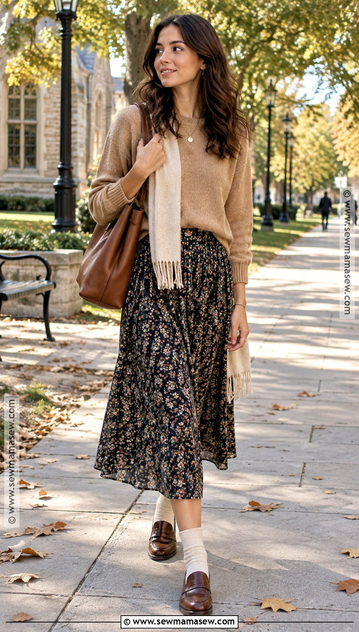 Fall College Outfit With Knit Sweater And Midi Skirt - 15 college outfit ideas fall