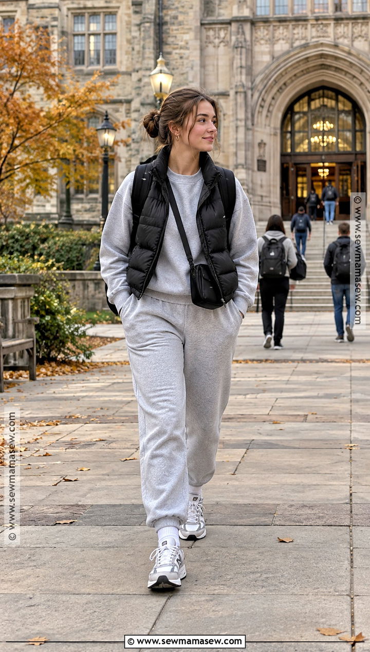 Fall College Outfit With Matching Sweat Set And Puffer Vest - 15 Fall College Outfits Aesthetic