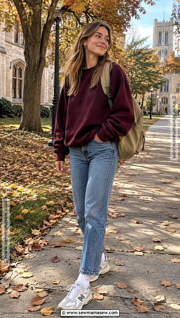 Fall College Outfit With Oversized Sweatshirt And Straight Jeans - 15 Fall College Outfits Aesthetic