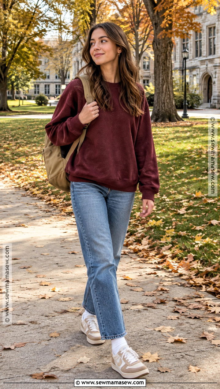 Fall College Outfit With Oversized Sweatshirt And Straight Leg Jeans - 15 college outfit ideas fall