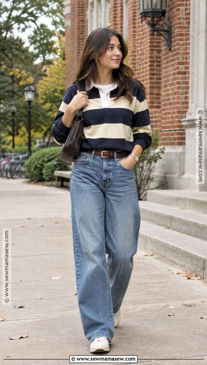 Fall College Outfit With Rugby Shirt And Barrel Jeans - 15 Fall College Outfits Aesthetic