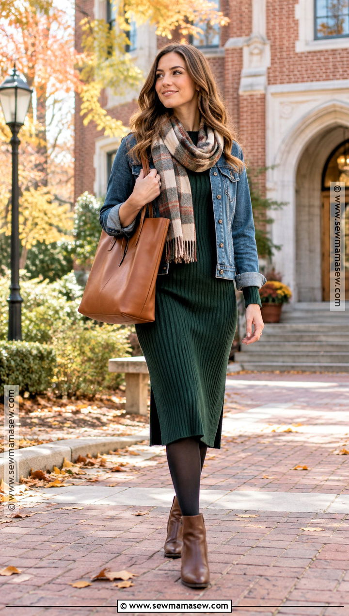 Fall College Outfit With Sweater Dress And Denim Jacket - 15 Fall College Outfits Aesthetic