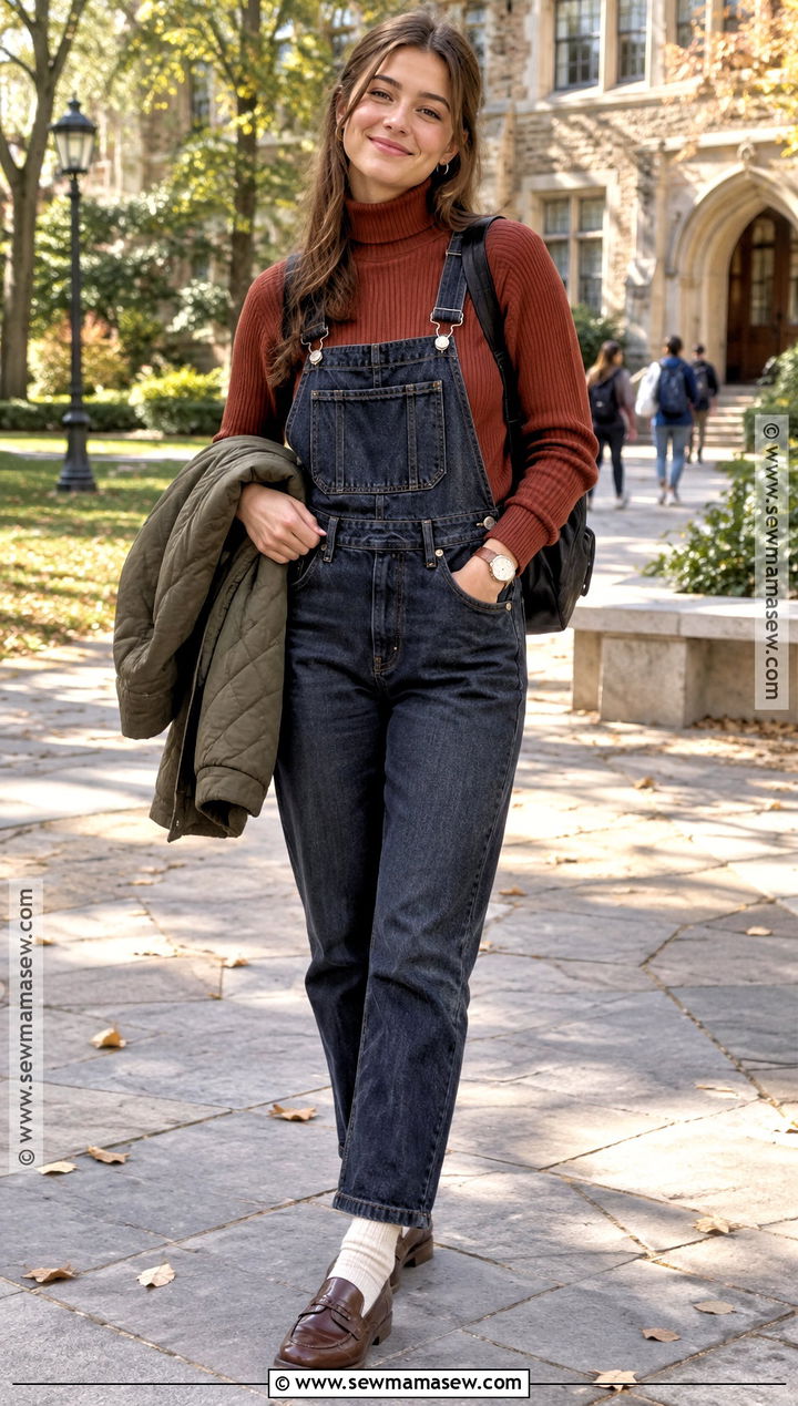 Fall College Outfit With Turtleneck And Denim Overalls - 15 college outfit ideas fall