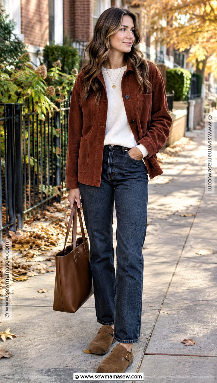 Fall Corduroy Jacket And Dark Jeans Outfit - 25 fall vibes outfit ideas