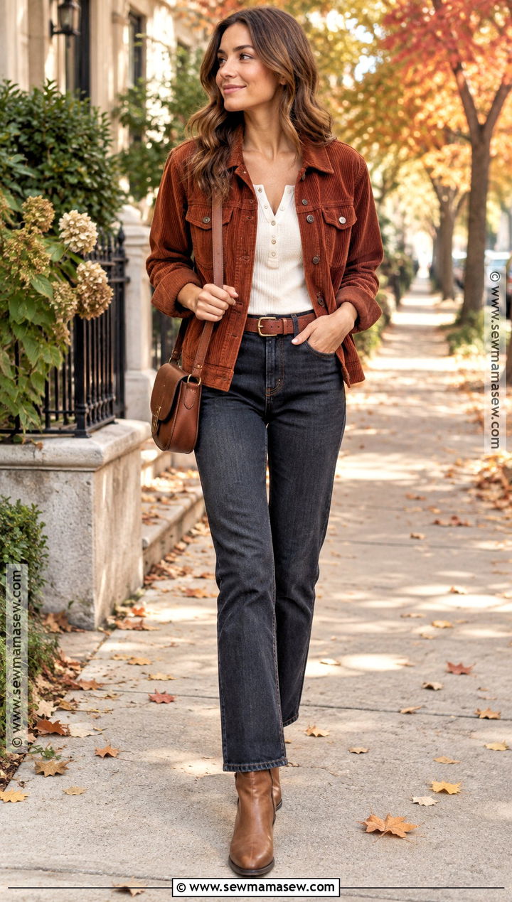 Fall Corduroy Jacket Outfit With Henley And Jeans - 25 Fall Layering Ideas