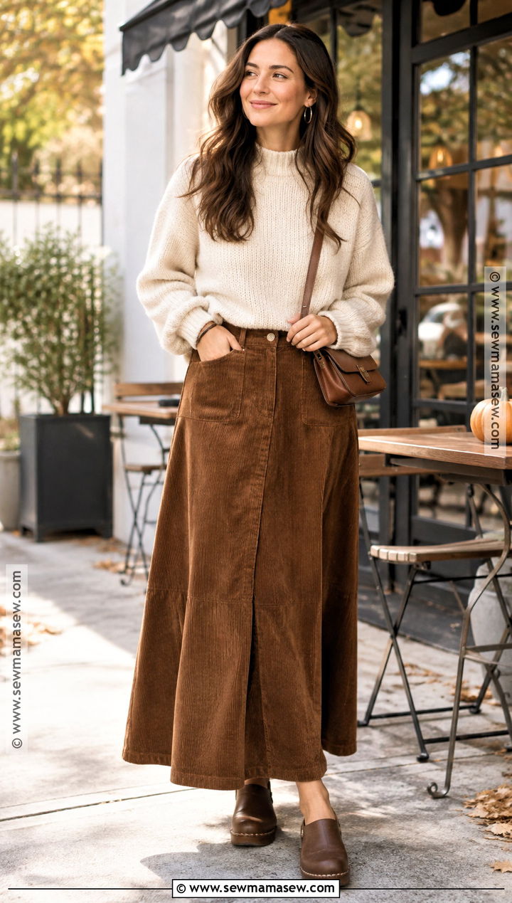Fall Corduroy Maxi Skirt With Chunky Sweater And Clogs - 15 maxi skirts fall