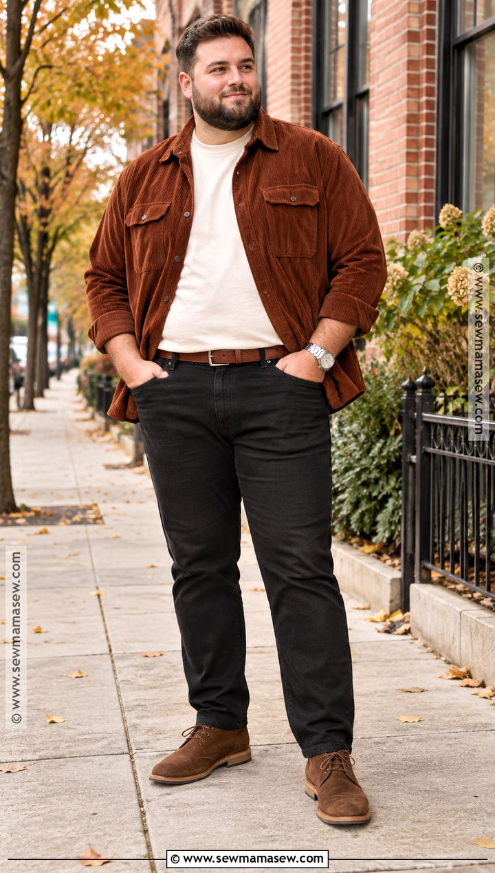 Fall Corduroy Overshirt With Black Jeans And Boots - 15 mens plus size fall fashion ideas