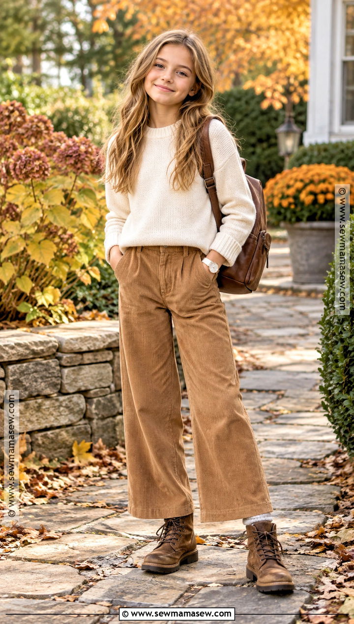 Fall Corduroy Pants And Crewneck Sweater Outfit - 15 pre teen girl outfits fall