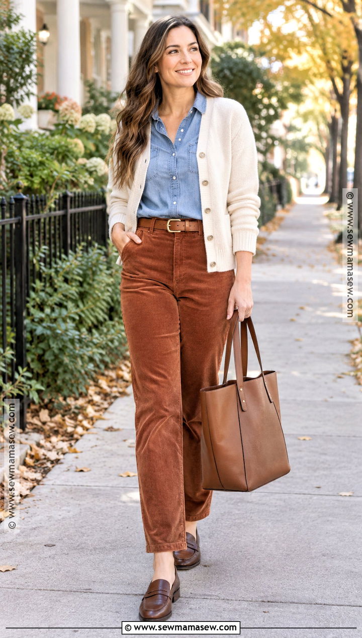 Fall Corduroy Pants and Chambray Shirt Outfit - 15 Budget Capsule Wardrobe Fall Ideas