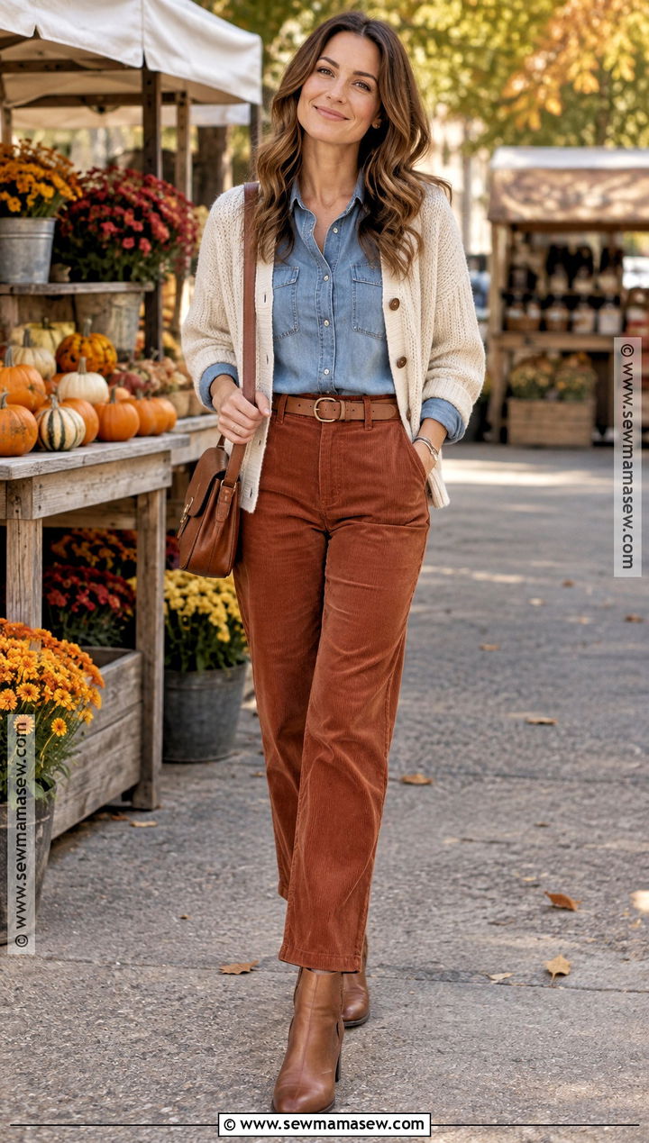 Fall Corduroy Pants and Denim Shirt Outfit - 30 fall outfit ideas