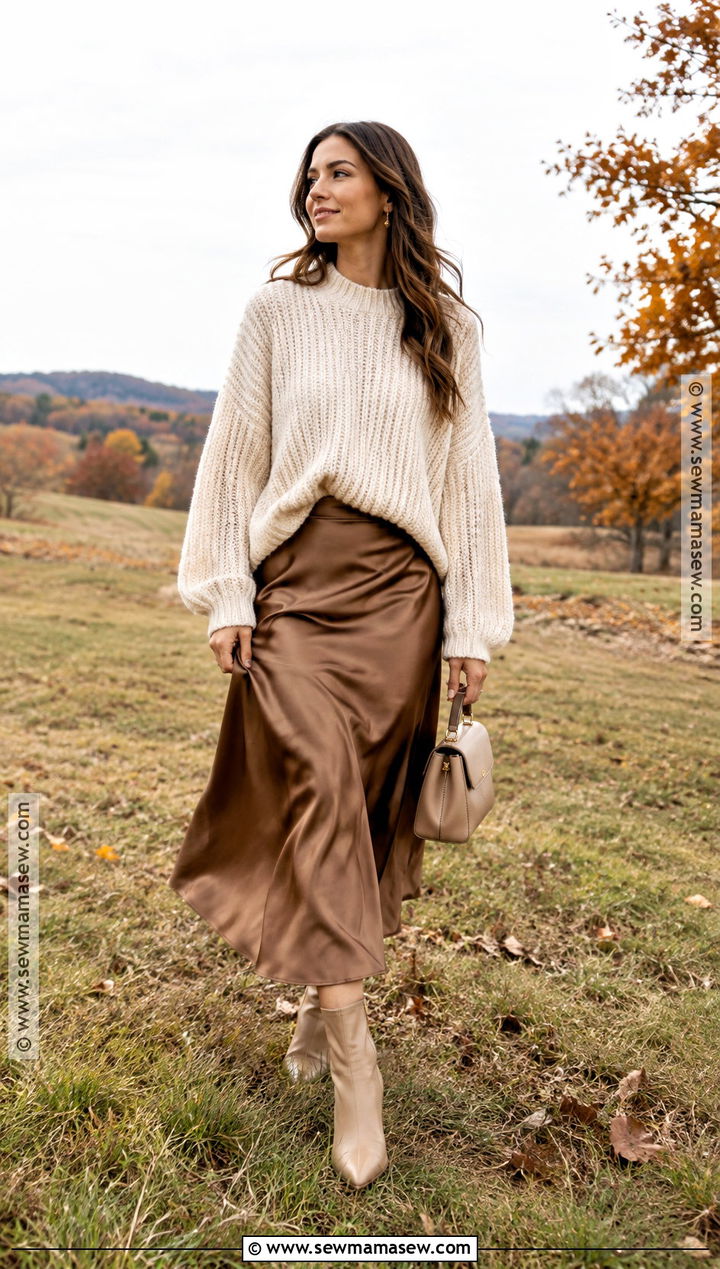 Fall Cream Sweater And Satin Skirt Photoshoot - 20 fall fashion photoshoot ideas