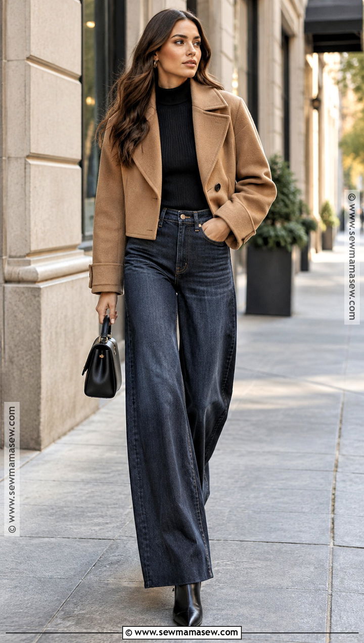 Fall Cropped Jacket And Wide Leg Jeans Outfit - 25 Fall Fit Inspo Ideas