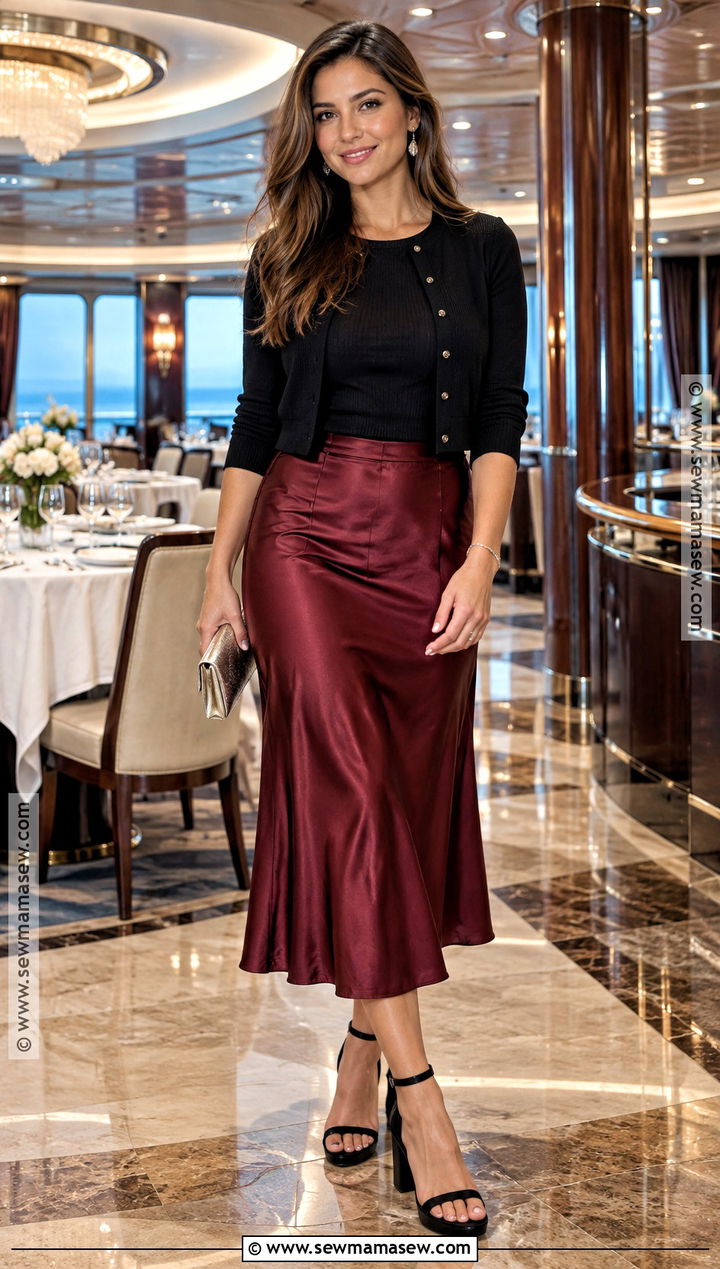 Fall Cruise Dinner Outfit With Satin Midi Skirt And Knit Top - 20 Fall Cruise Outfits for Women
