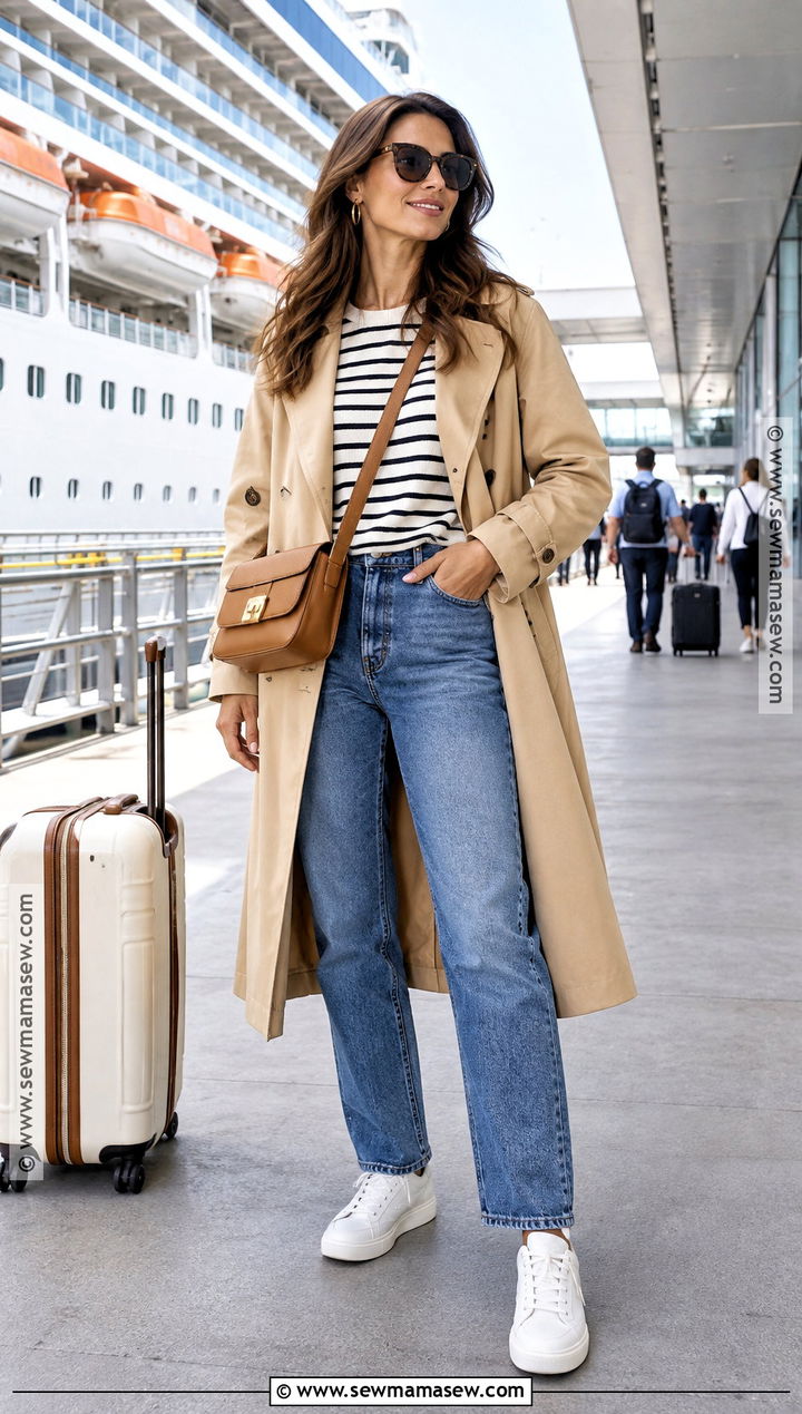 Fall Cruise Embarkation Outfit With Trench Coat And Jeans - 20 Fall Cruise Outfits for Women
