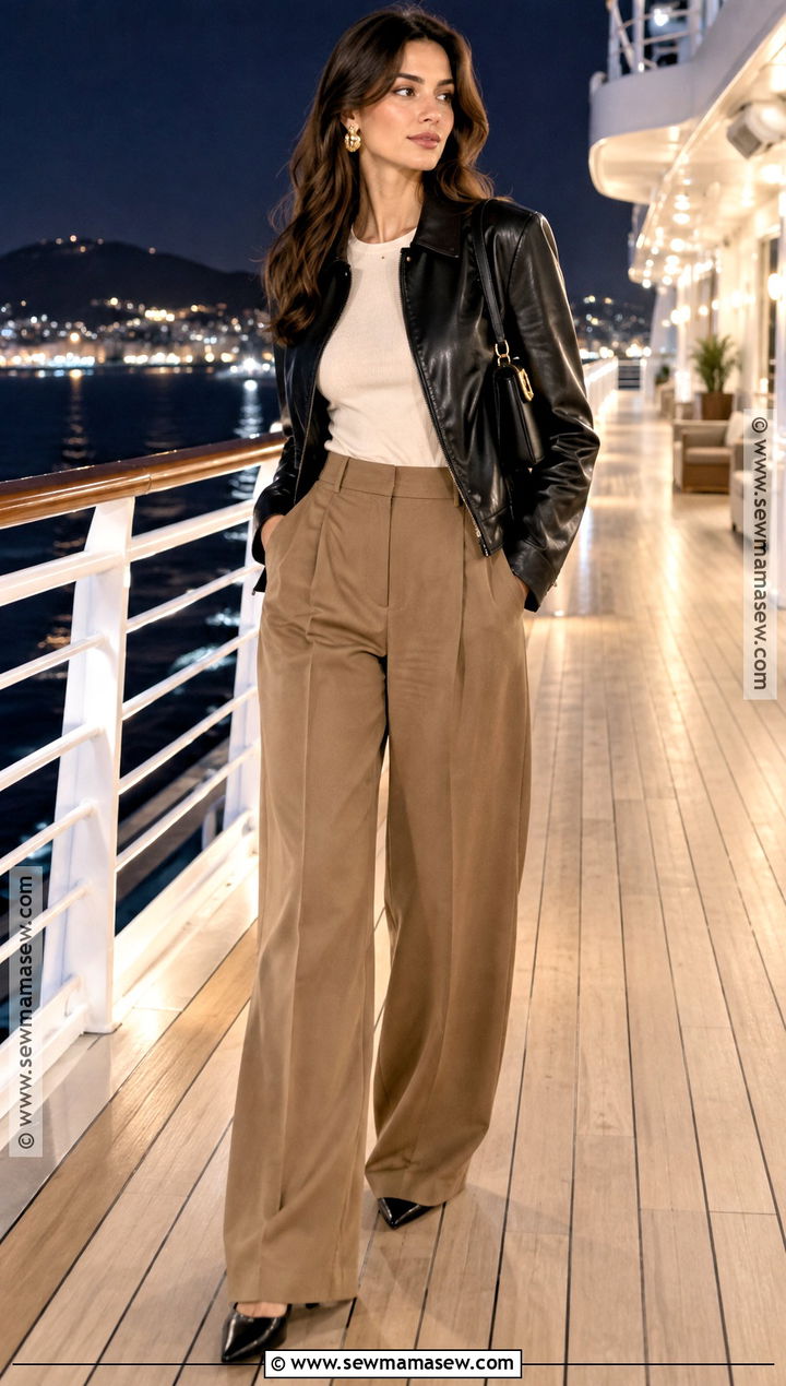 Fall Cruise Outfit With Leather Jacket And Wide Leg Pants - 20 Fall Cruise Outfits for Women