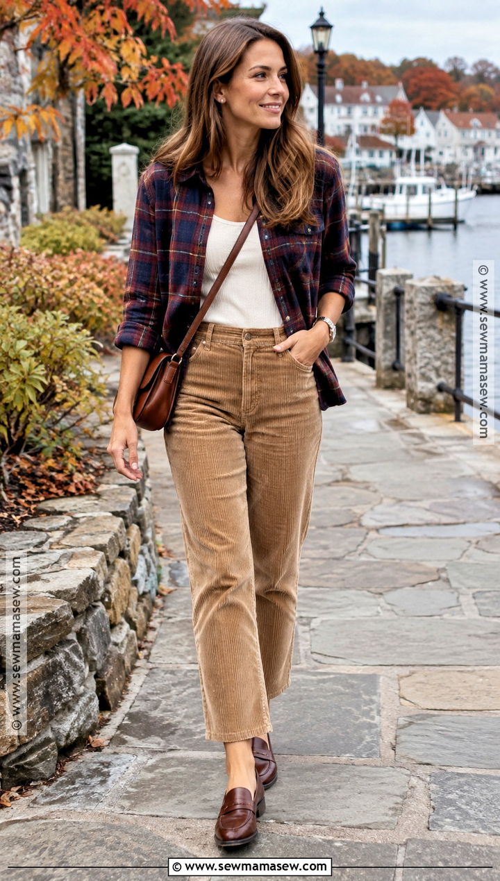 Fall Cruise Outfit With Plaid Shirt And Corduroy Pants - 20 Fall Cruise Outfits for Women