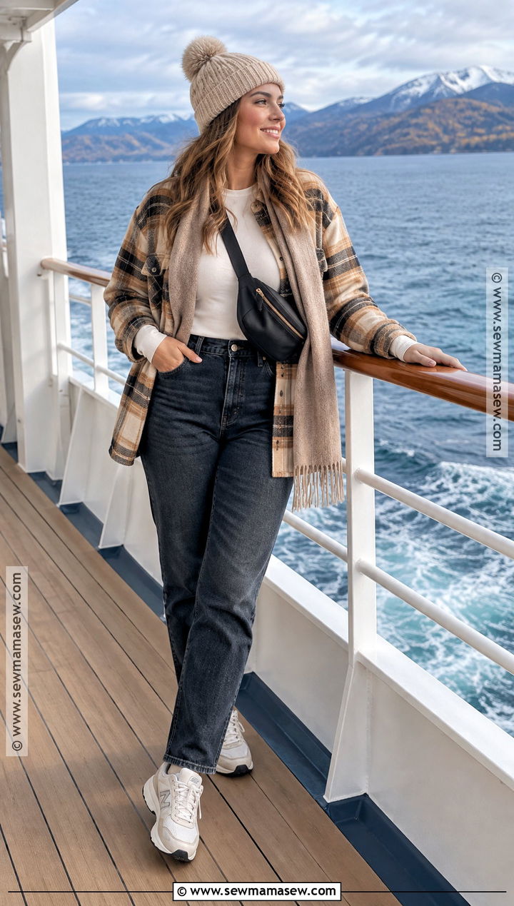 Fall Cruise Scenic Deck Outfit With Shacket And Jeans - 20 Fall Cruise Outfits for Women