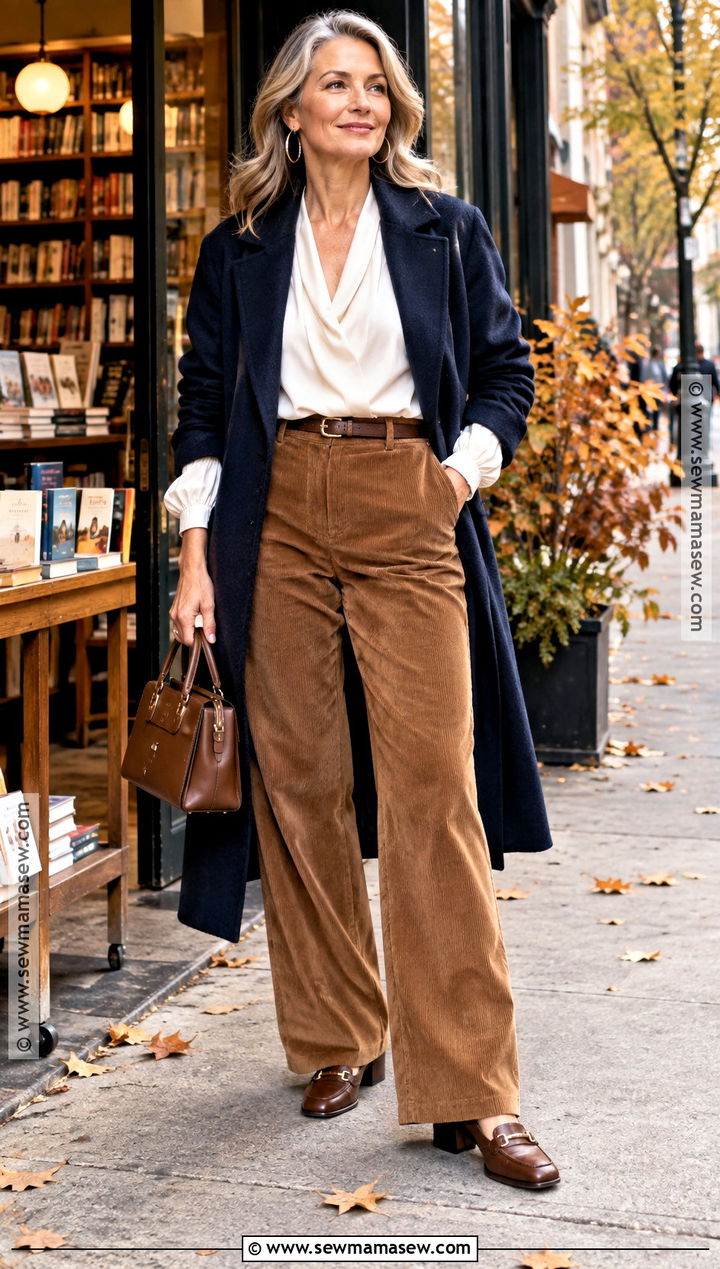 Fall Date Night Corduroy Pants And Feminine Blouse - 15 fall outfit for date night ideas