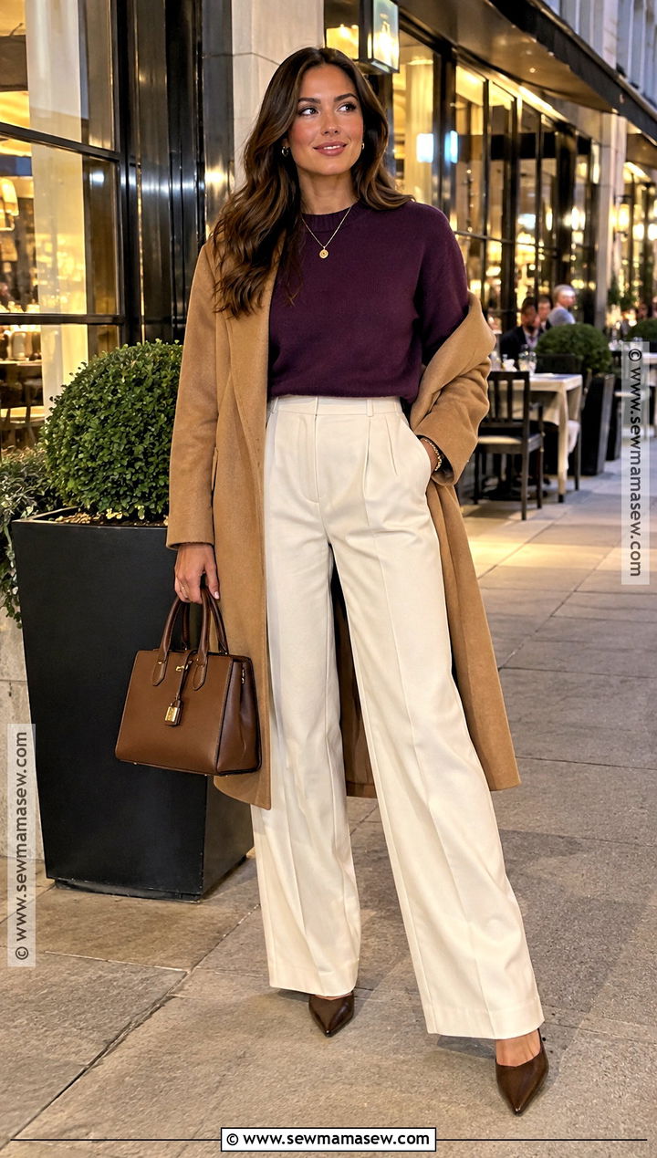 Fall Date Night Outfit With Purple Sweater And Neutral Pants - 15 outfit inspo fall date night ideas