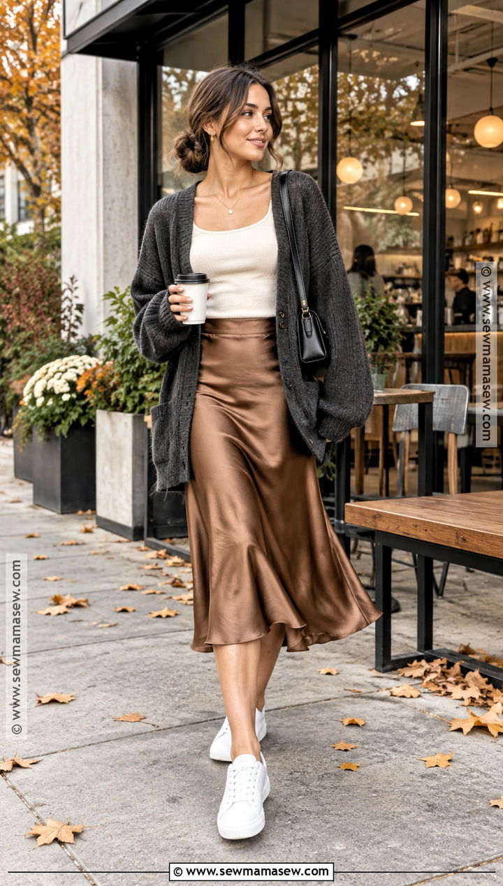 Fall Date Outfit With A Cardigan And Satin Midi Skirt - 20 fall date outfit casual ideas