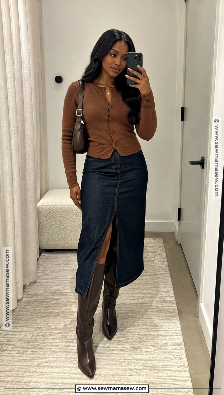 Fall Date Outfit With A Denim Midi Skirt And Cardigan - 15 fall date outfit ideas for black women