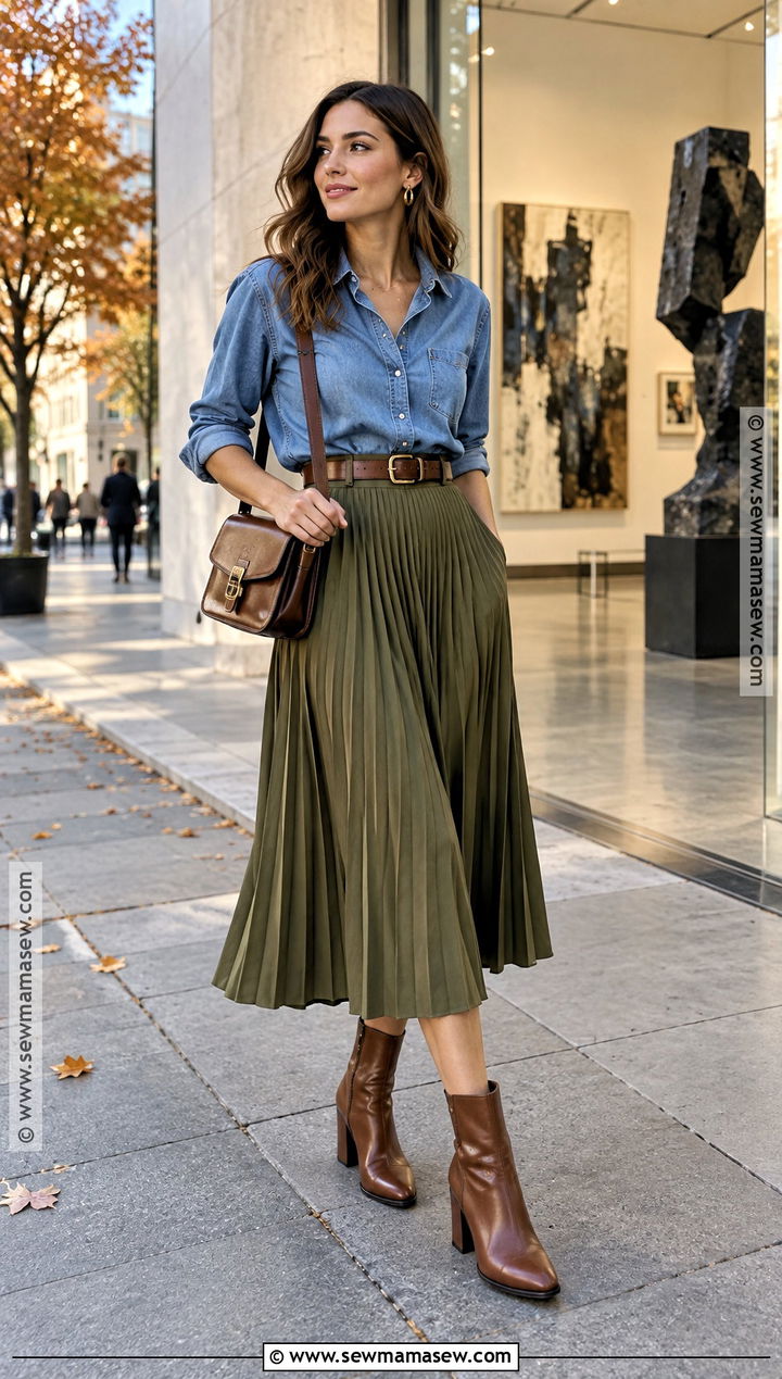 Fall Date Outfit With A Denim Shirt And Midi Skirt - 20 fall date outfit casual ideas