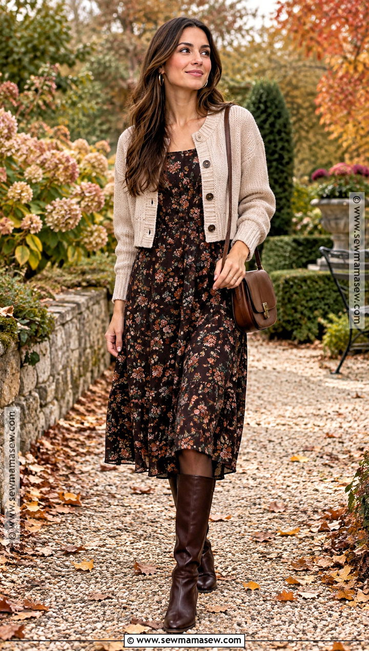 Fall Date Outfit With A Floral Midi Dress And Knee High Boots - 20 fall date outfit casual ideas