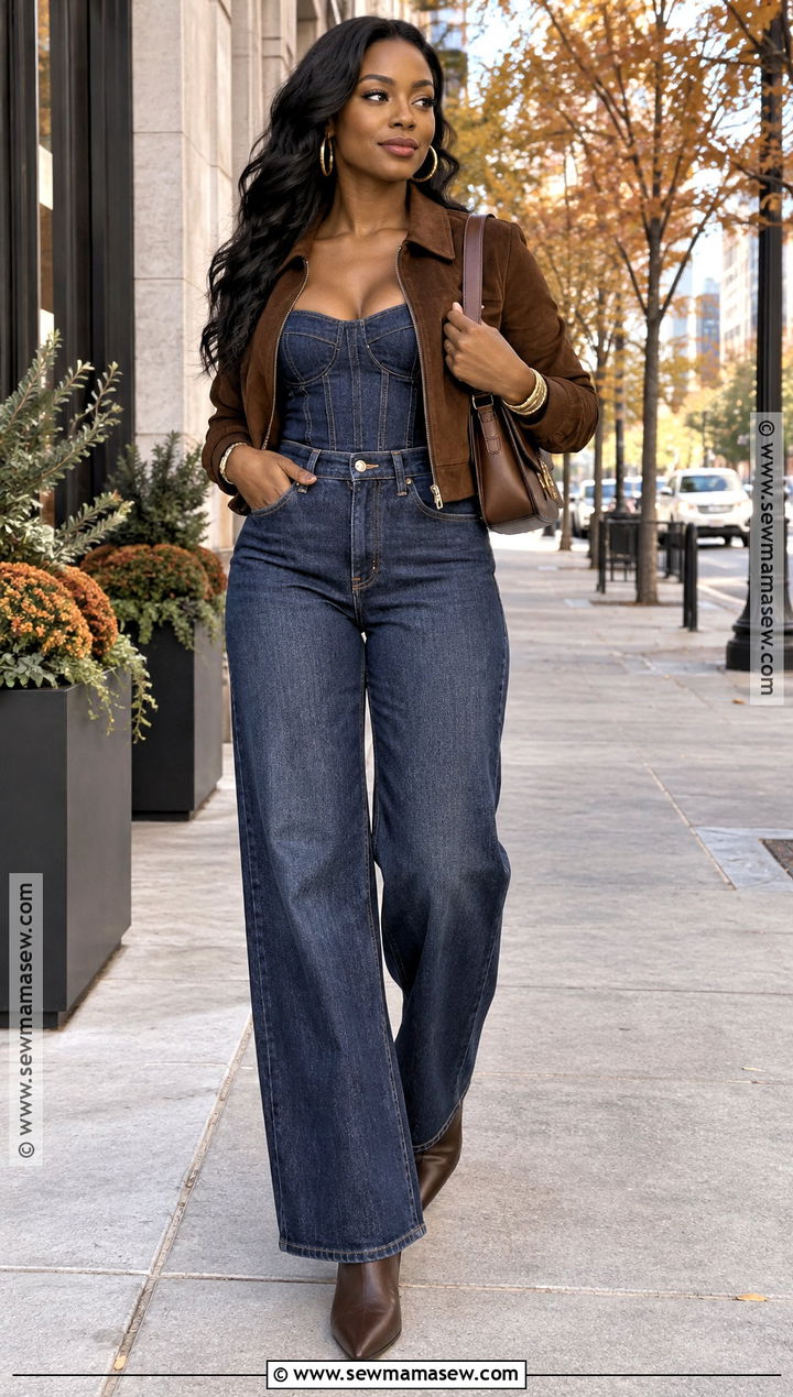 Fall Denim Corset Top With Wide Leg Jeans - 15 Fall Going Out Outfit Ideas for Black Women