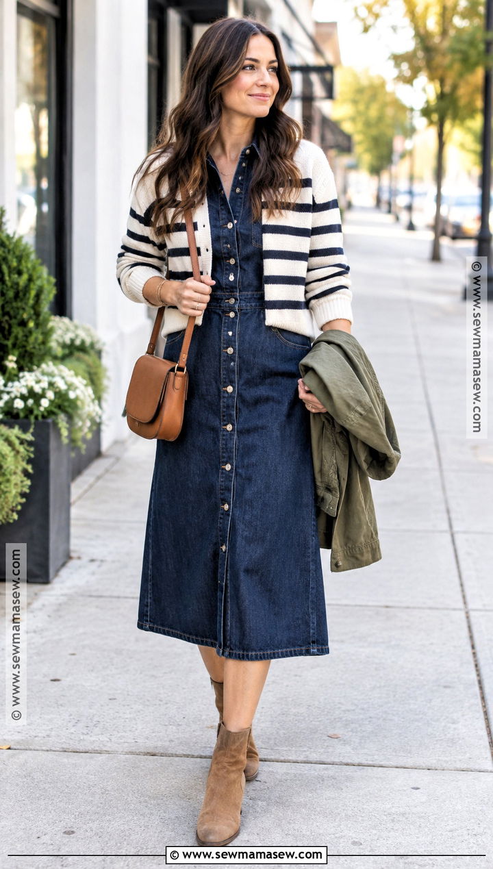 Fall Denim Dress With Striped Sweater - 15 Fall Dress And Sweater Outfit Ideas