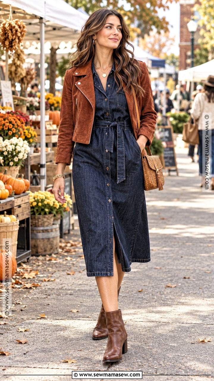 Fall Denim Dress With Suede Jacket And Boots - 20 dress outfits fall