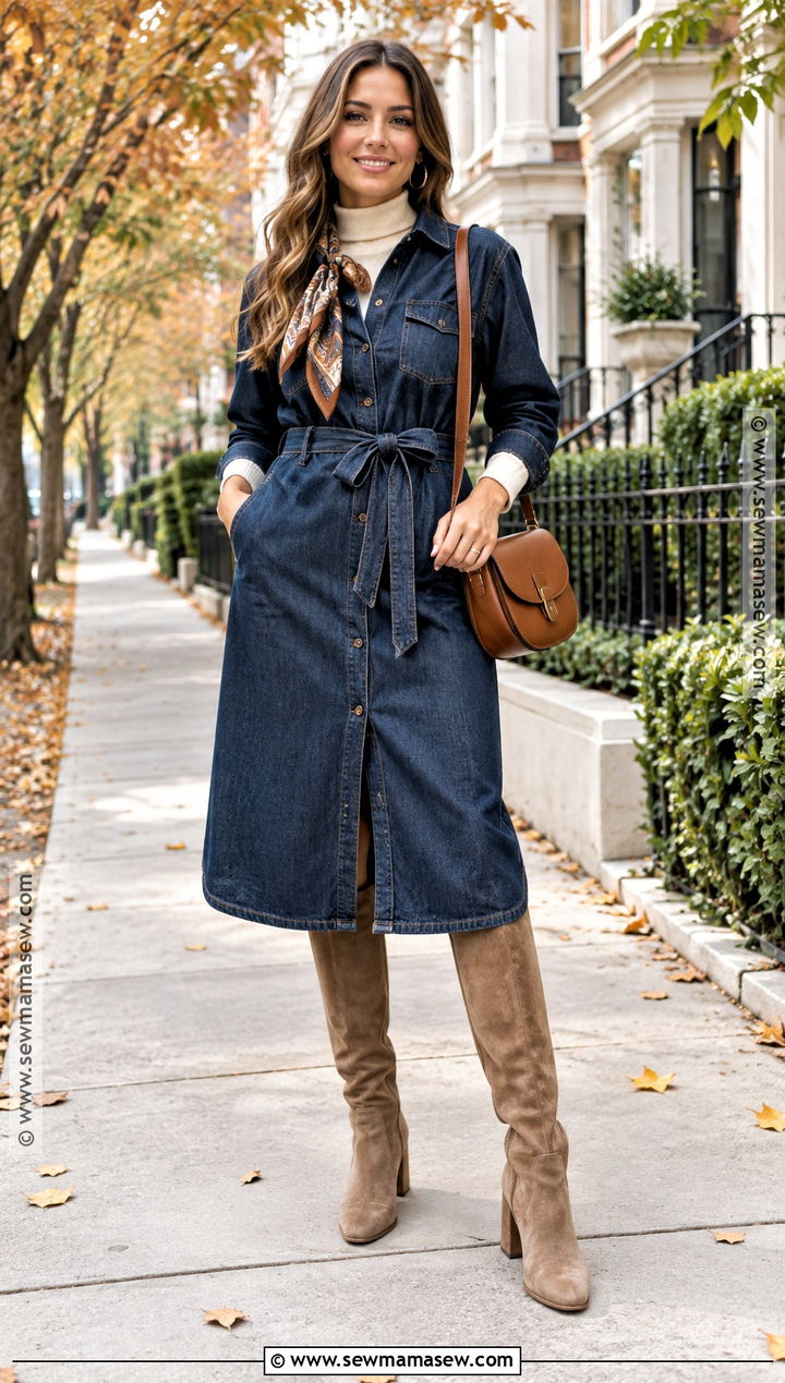 Fall Denim Dress and Suede Boots Outfit - 20 fall fashion ideas for women