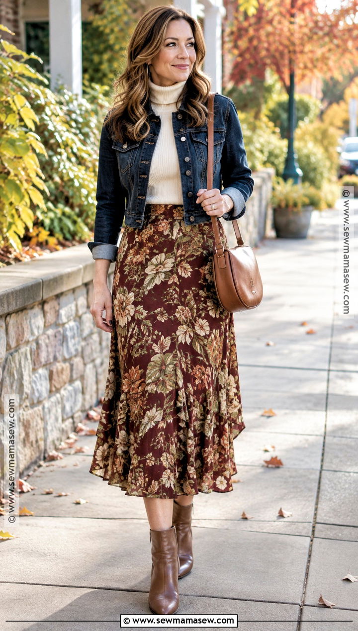 Fall Denim Jacket And Floral Midi Skirt Outfit - 15 Fall Clothing Ideas For Women Over 40