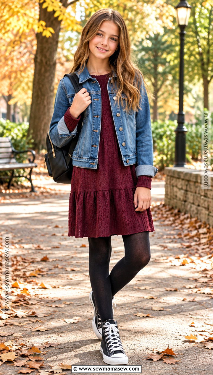 Fall Denim Jacket And Knit Dress Outfit - 15 pre teen girl outfits fall