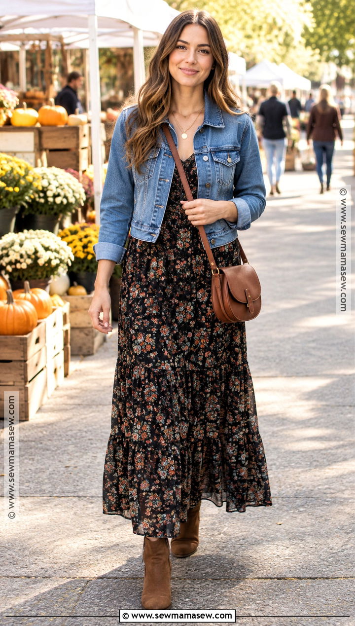 Fall Denim Jacket And Maxi Dress Outfit - 25 fall ootd ideas