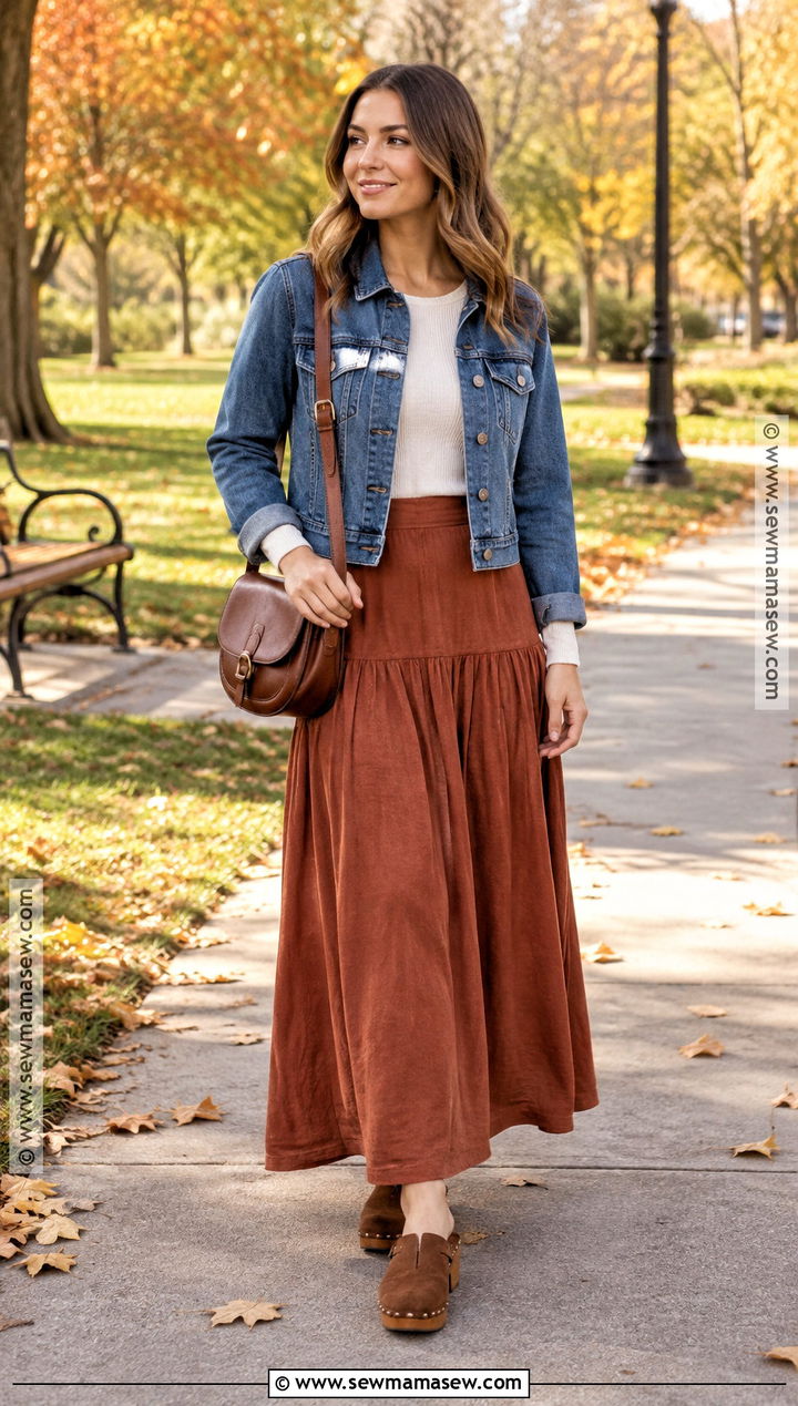 Fall Denim Jacket And Maxi Skirt Outfit - 30 fall outfits aesthetic