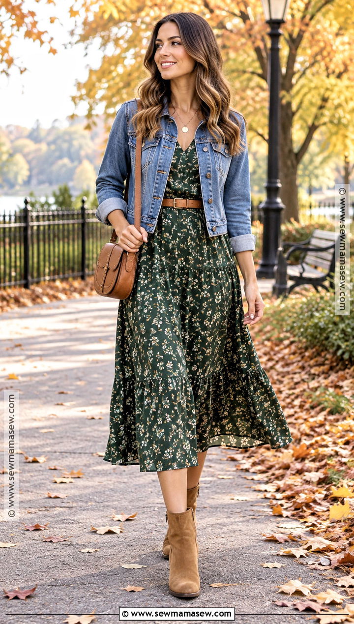 Fall Denim Jacket And Midi Dress Outfit - 20 fashion outfits fall