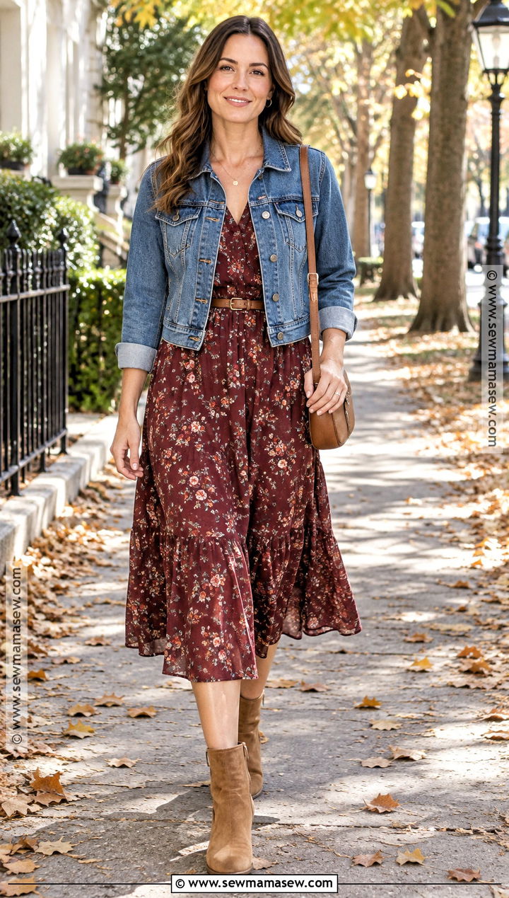 Fall Denim Jacket And Midi Dress Outfit - 25 Fall Layering Outfits