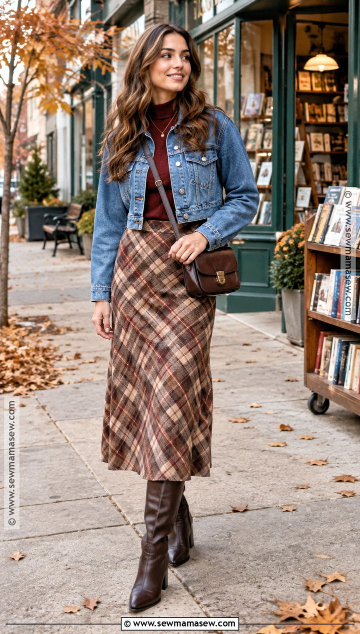 Fall Denim Jacket And Plaid Skirt Outfit - 15 Clothes In Fall