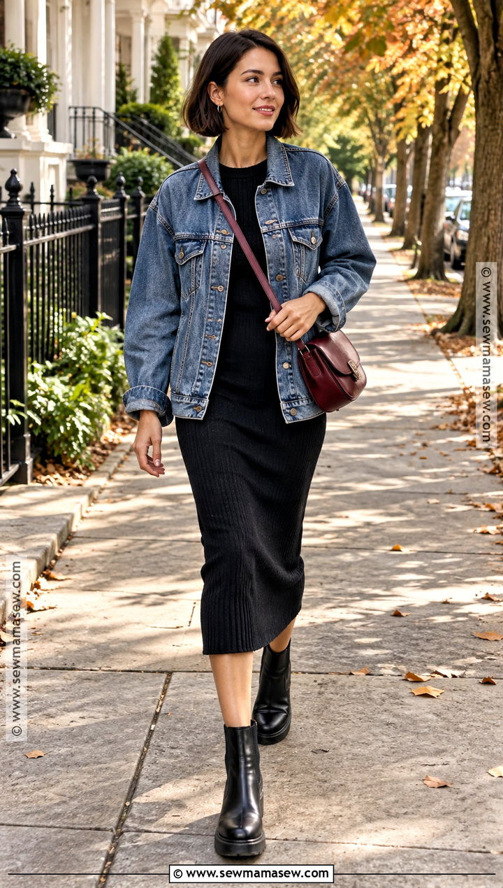 Fall Denim Jacket Outfit With A Black Knit Dress - 20 fall outfits short hair