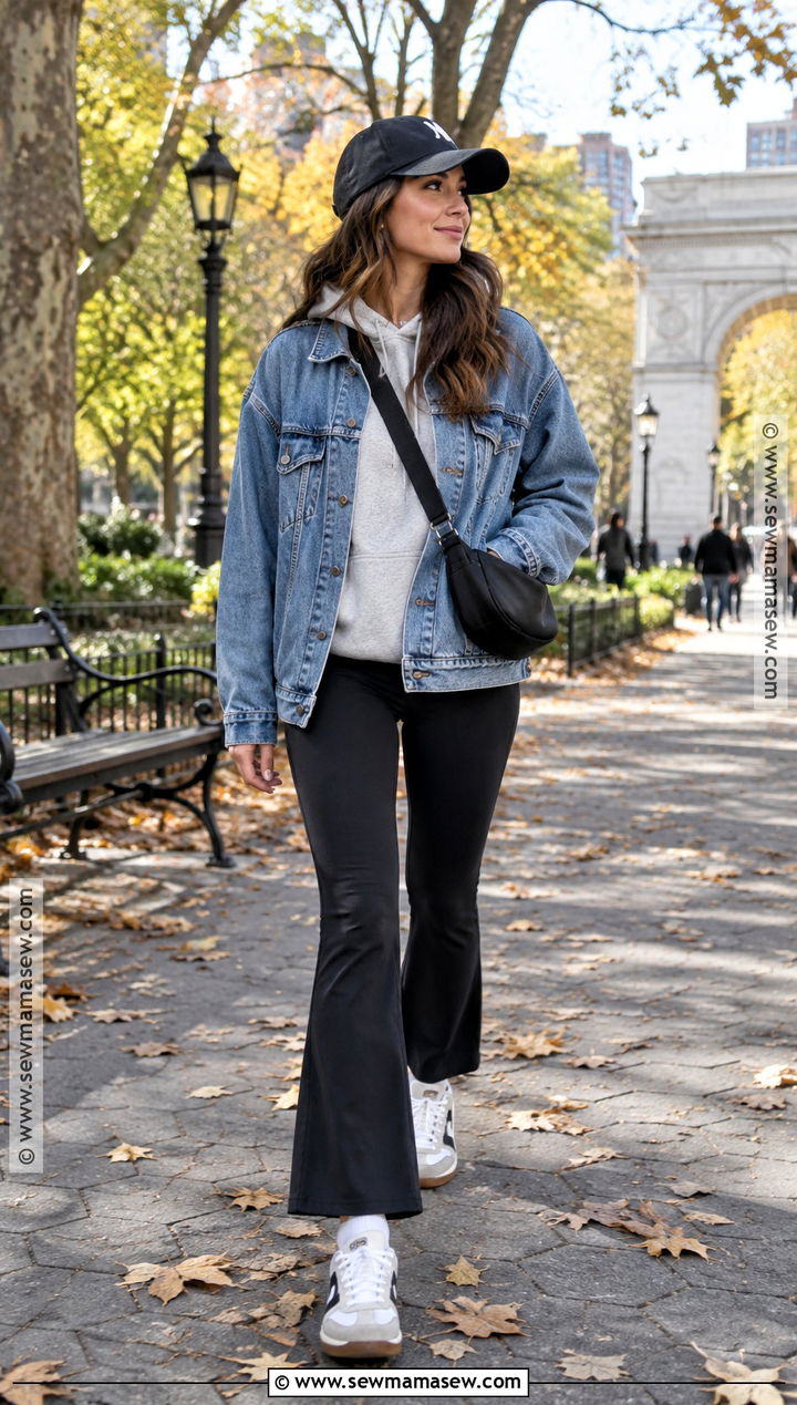 Fall Denim Jacket Outfit With Hoodie And Leggings - 15 layering clothes for fall