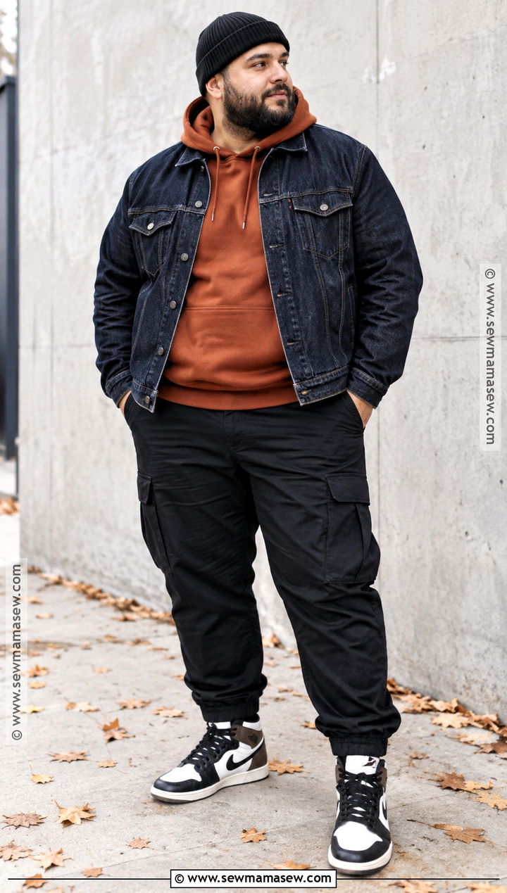 Fall Denim Jacket With Hoodie And Cargo Pants - 15 mens plus size fall fashion ideas