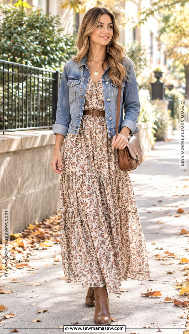 Fall Denim Jacket With Long Sleeve Maxi Dress - 25 fall looks for women outfit ideas